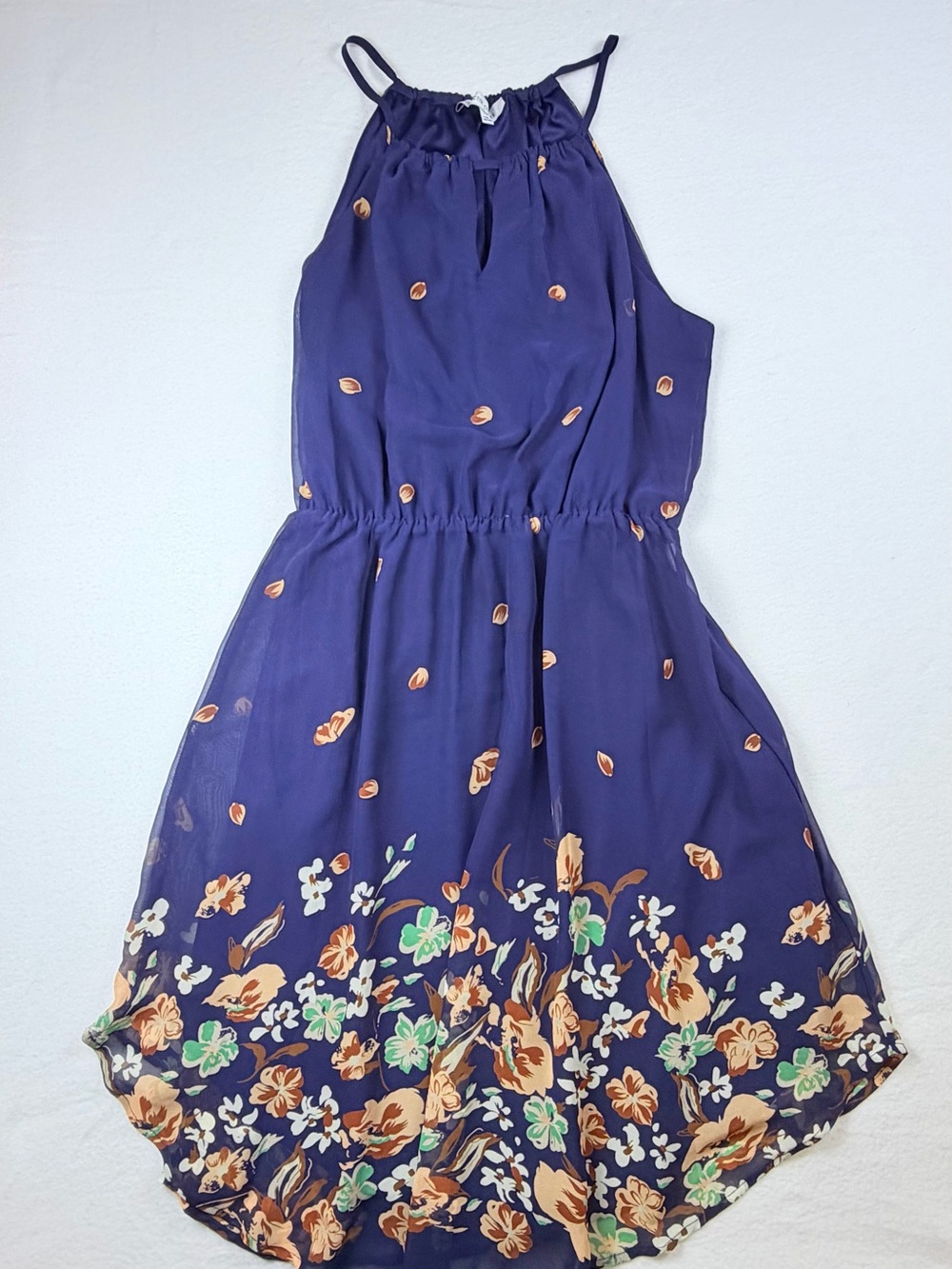 Collective Concepts Navy Blue Floral Chiffon Halter Dress Large Boho Fall - Picture 2 of 8